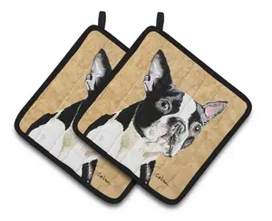 212 MAIN Boston Terrier Wipe Your Paws Colorful Art Fabric Pot Holders - Pair, 7.5x3x7.5 in, Thick Insulated Kitchen Linens, Hanging Kitchenware