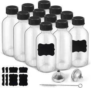 2oz Small Clear Glass Bottles with Lids, 2 Stainless Steel Funnel, 12 Labels, 1 Chalk Marker, 1 Brush - Reusable Boston Bottle for Juice, Ginger Shot, Wellness, Oils, Liquids, Leakproof Travel Bottle