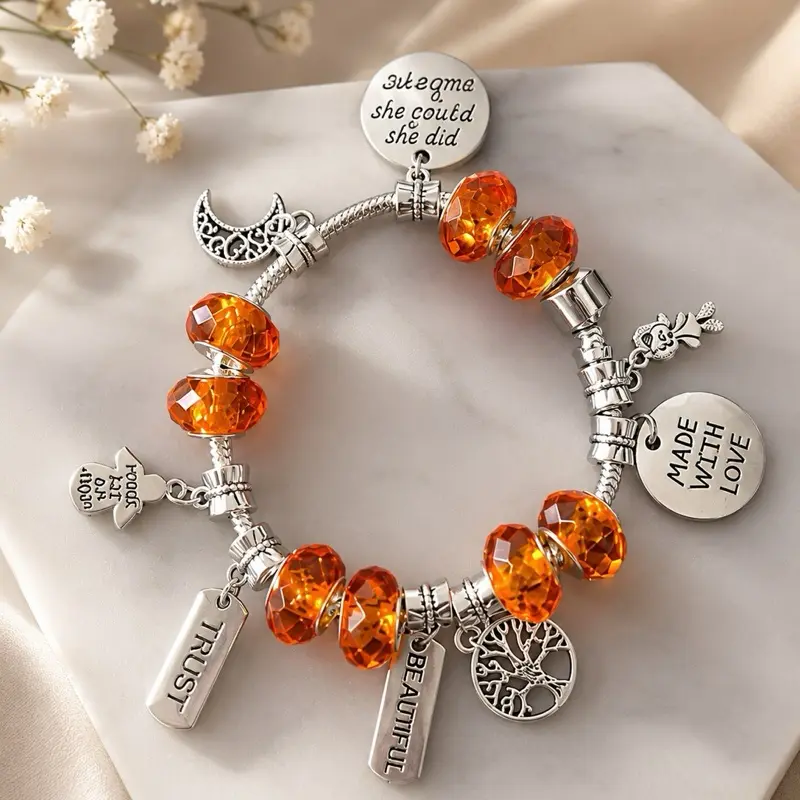 Orange Crystal Inspirational Charm Bracelet – 7.5”