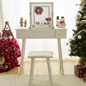 summervibes FCH Vanity Table Set with LED Mirror, Flip Top Makeup Dressing Table Writing Desk with Cushioning Makeup Stool Set, 2 Drawers, White