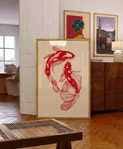 Red Koi Poster, Japanese Poster, Vintage Print, Printable Wall Art, Trendy Wall Art