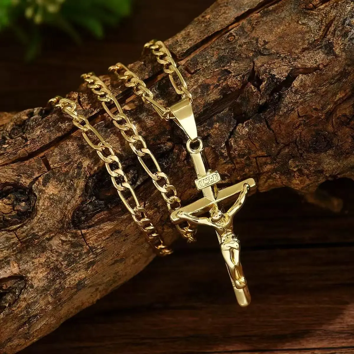 Men's Cross Emblem Necklace, Vintage Plated Jesus Pendant with Smooth Chain, Religious Jewelry Gift for Easter & Graduation, Gold-Plated Cross Necklaces, Cross Emblem Necklaces