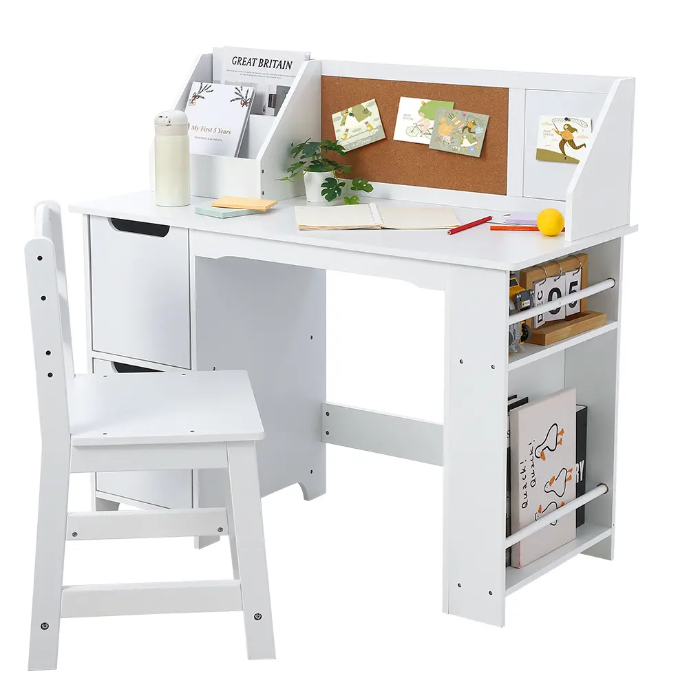 Kids Art & Study Desk Set – Wooden Table with Hutch, Bookshelf, Bulletin Board, Side Shelves & Storage – Great for Homework, Creativity & Computer Use, for Boys and Girls – White or Pink office home