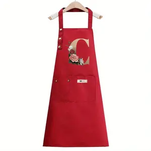 Red Polyester Flower Apron with Gold Floral Letter "M" - Adjustable Straps, Large Pockets, Suitable for Cooking, Gardening - Perfect for Holidays - Floral Embroidery Home Care Supply, With Pocket