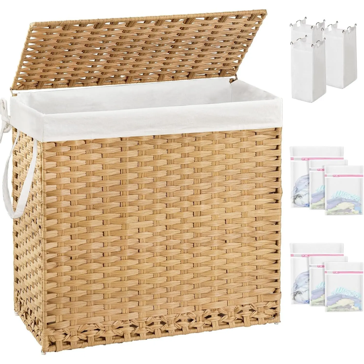 Laundry Hamper with Lid Laundry Basket 132 L (35 Gal) Wicker Clothes Hamper, Handwoven Rattan Hamper with Handles and 4 Removable Liner Bags, 6 Mesh Bags for Laundry Bedroom