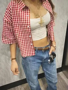 Women's Plaid Short Sleeve Fitted Spring Shirt Blouse Top, Womenswear High Street Vintage Style, Casual Unique Trendy Fashion, Streetwear Fresh Simple Outdoor Wear