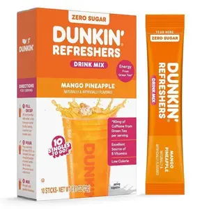 HOT! Dunkin Refreshers Singles To Go! Powdered drink mix packets, Mango Pineapple,10 packets per box Energy from Green Tea, aspartame-free, no synthetic colors, naturally and artificially flavored, just add water