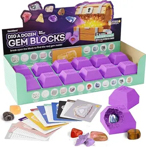 Dan&Darci Dig a Dozen Gem Blocks - Uncover 12 Real Gemstones with Chisels Brush & STEM Learning Cards for Kids Discovery Kit