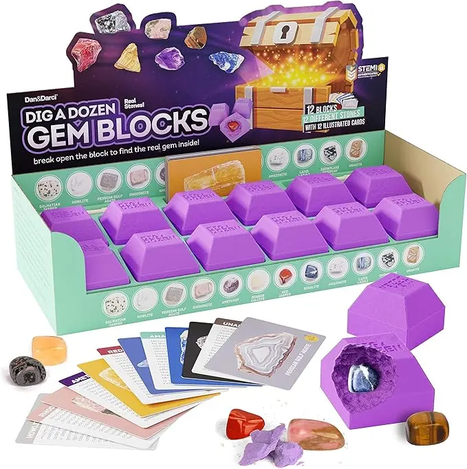 Dan&Darci Dig a Dozen Gem Blocks - Uncover 12 Real Gemstones with Chisels Brush & STEM Learning Cards for Kids Discovery Kit