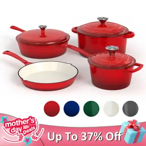 [Mother's Day Gift] KITCHEN ACADEMY Enamel Cast Iron 7 Piece Cookware Set, Dutch Oven Pot with Lid, Red Non Stick Pots and Pans set, Oven Safe up to 500°F Cooking Modern