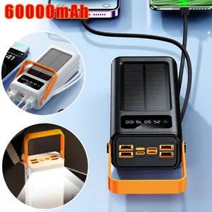 60000mAh Large Capacity Mobile Power Bank Solar Charger, PD22.5W Fast Charging, With Two Detachable Charging Cables &LED Flashlight, Multiple Outputs And LED Power Display, Outdoor Travel/Camping Mobile Emergency Power Device, Essential for Outdoor