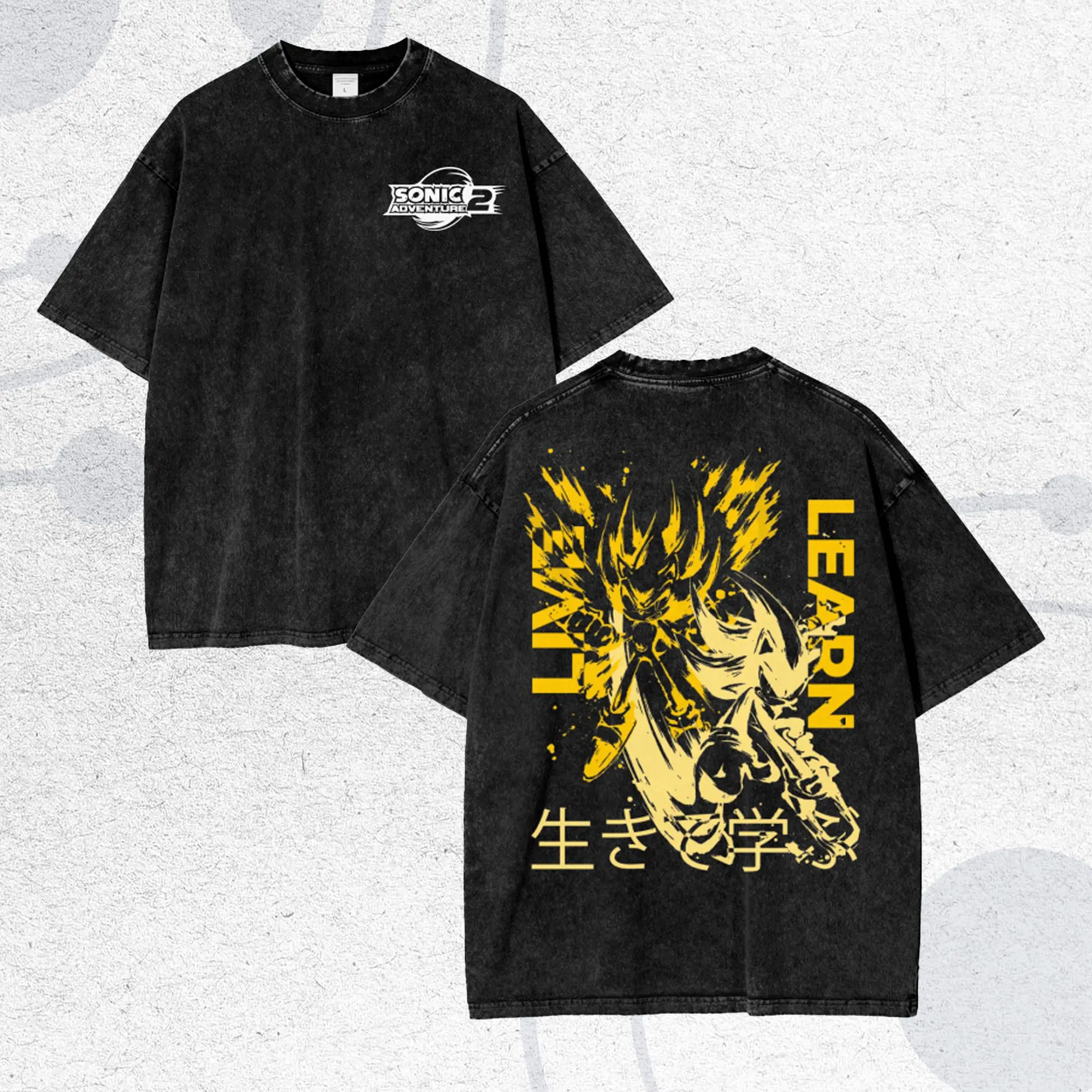 Sonic The Hedgehog Vintage Washed T-Shirt – Sonic Anime Graphic Tee, Double-Sided Print, Oversized Heavyweight Cotton Streetwear, Retro Dark Aesthetic Unisex Shirt for Fans, Gamer Gift, Y2K Grunge Style Apparel