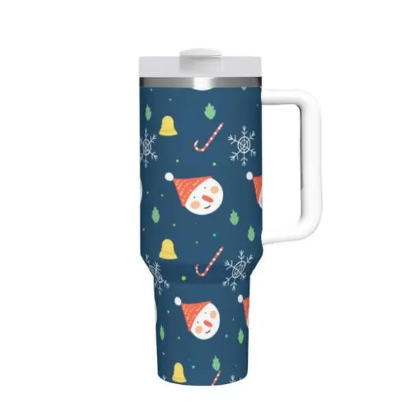 Navy Blue Cute Snowman Candy Cane Snowflake 40oz Tumbler With Handle Christmas Holiday Stainless Steel Travel Mug With Straw