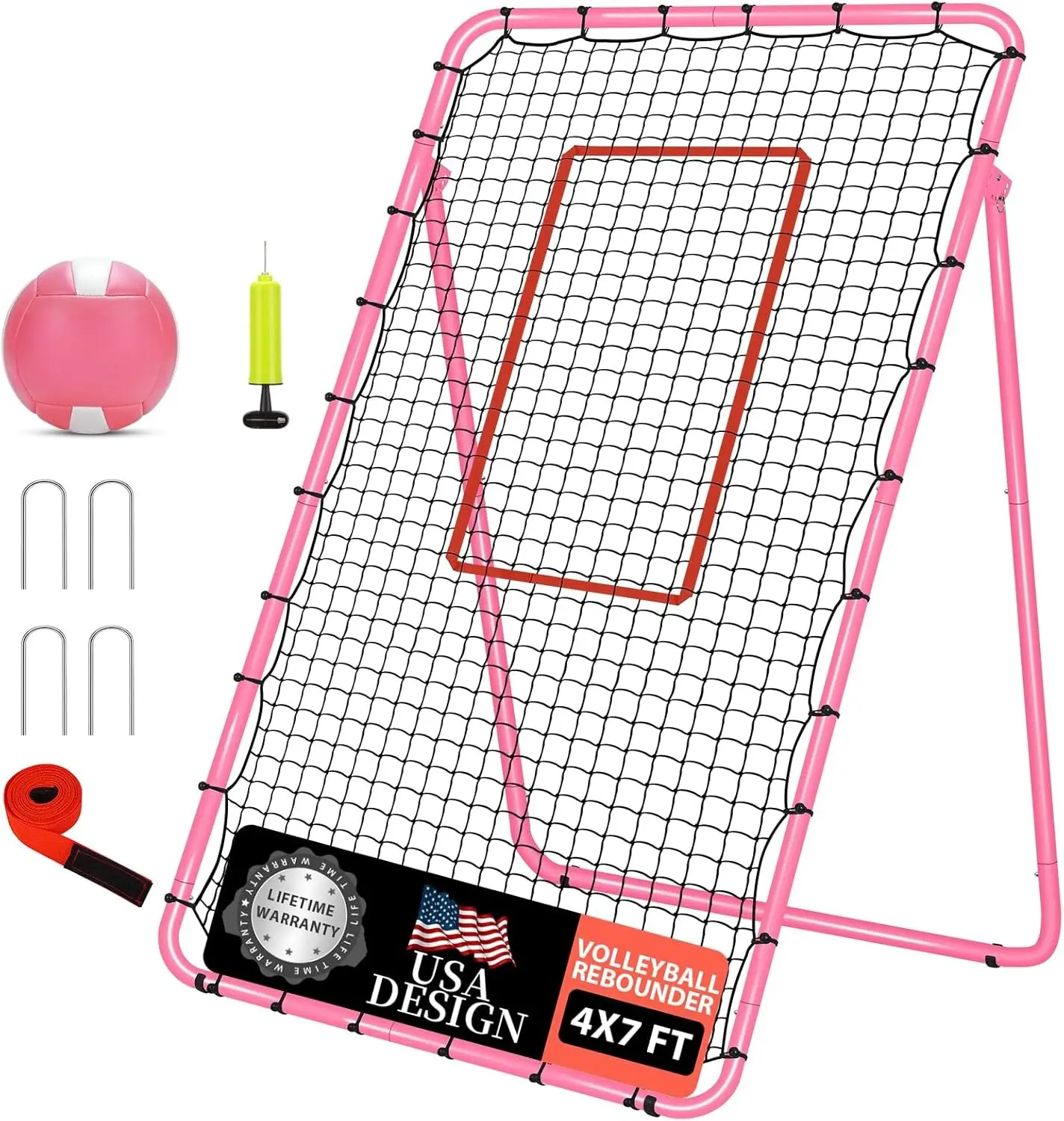 Adjustable Volleyball Rebounder Net 7x4 ft with PU Volleyball and Stakes - Bounce   Equipment for Practicing Volleying, Bumping, Spiking, Easy Set Up & Steady for Multi