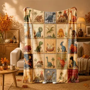 Vintage Kids' Dinosaur Grid Print Flannel Blanket - Suitable for all seasons, soft, lightweight and breathable, for bedroom, seasonal and holiday decorations - Perfect for beds, sofas, offices, camping and travel