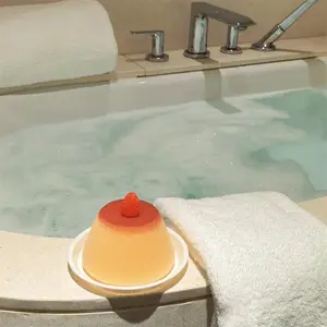 Cute Flan Custard Pudding Sponge Bath Balls - Personal Bath & Body Cleaning Accessories for Shower Wash and Scrub, Includes Soap & Tray