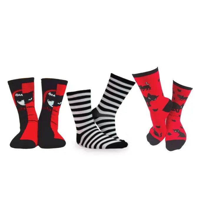 [Emily the Strange] Emily Face, Stripe & Red Cats Crew Socks – 3 Pair (2064)