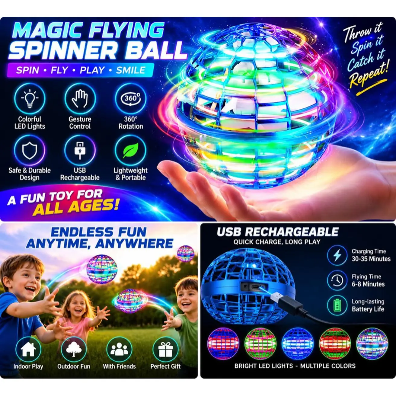 Flynova PRO Flying Spinner Ball - RGB LED Lights, Hand Controlled, USB Rechargeable, Safe for Kids, Available in Blue Red and Pink