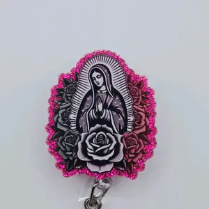 Virgin of Guadalupe Patron Saint of Mexico Hot Pink Glitter Acrylic Retractable Badge ID Reel Belt or Alligator Clip