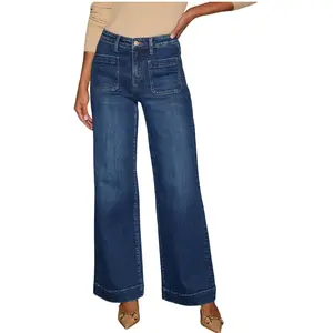 H&B Women's High-Waisted Wide Leg Washed Denim Jeans - Jeans for Women, Mid Waist Jeans, Plus Size, Retro Fashion, Statement Style, Functional Pockets, Slimming, Below Ankle, Minimalist Dark Blue Casual Bottoms