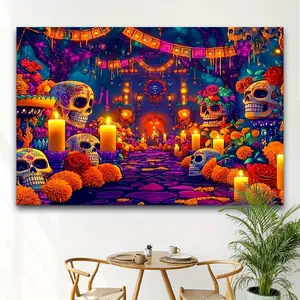 Tapestry 1pc Dia de los Muertos Backdrop - Vibrant Purple, Orange, Pink, Blue, Yellow, Green, Red, Black, White - Sugar Skulls, Floral Patterns - Easy Setup Party Decoration for Day of the Dead, Halloween, Mexican Fiesta - Indoor/Outdoor Us