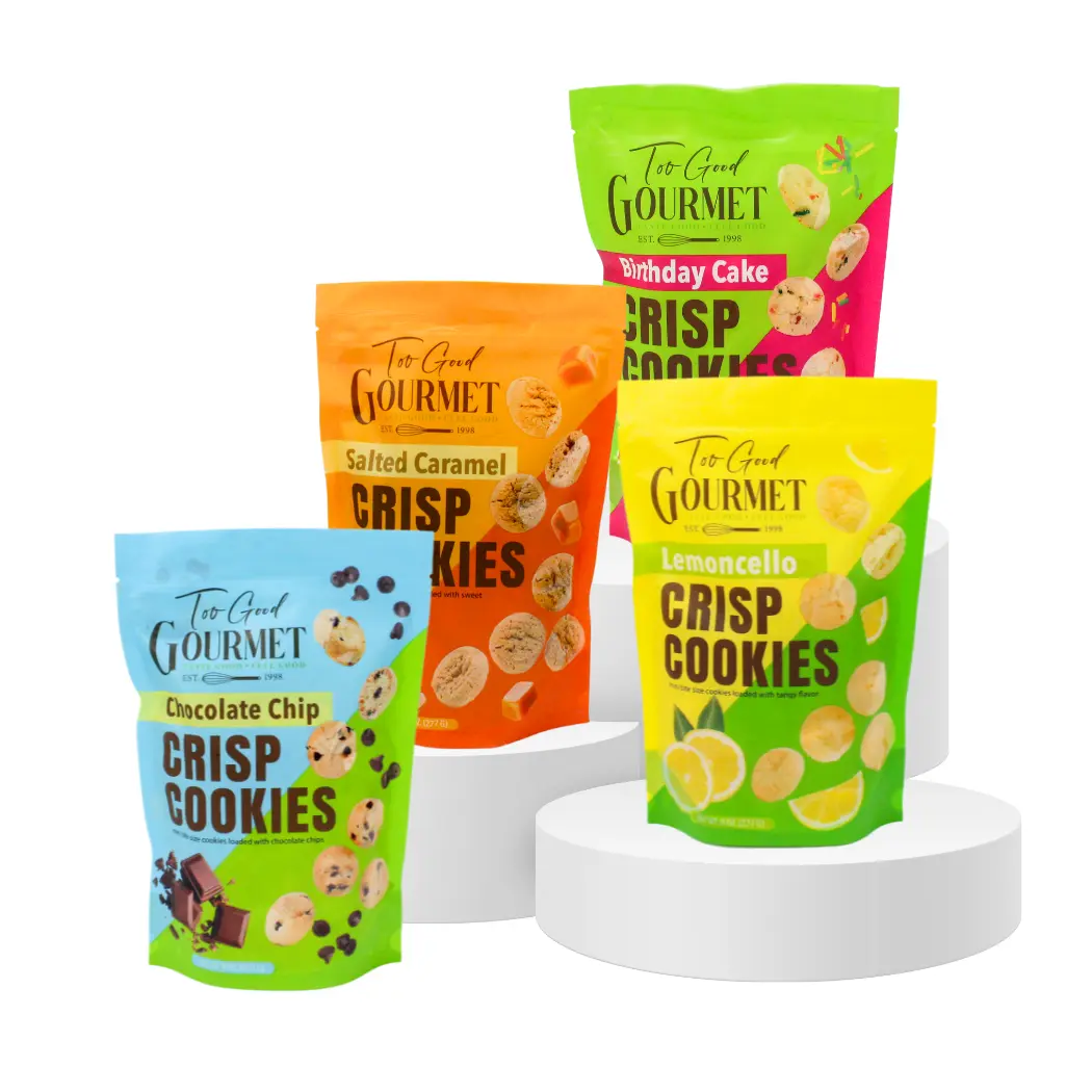 Two Good Gourmet Bite-Sized Mini Crisp Cookies Variety 4-Pack 8oz Chocolate Chip Birthday Cake Salted Caramel Lemoncello