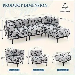 4-Piece Inflatable Furniture Set - Portable Oxford Fabric Blow-Up Couch Lounger with White Black Leaf Pattern, Comfortable Air Sofa for Outdoor Use, Durable Inflatable Couch Set Ideal for Camping and Patio