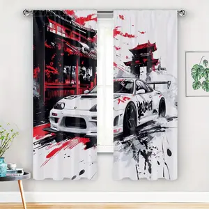 2Pcs Japanese-style racing car print curtains,suitable for bedroom,living room kitchen decoration,home decoration,window decoration