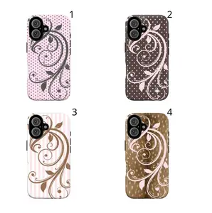 Aesthetic Floral Swirl Phone Case  Vintage Leaf Pattern, Soft Pink Polka Dot & Stripe Design Cover For iPhone 17 Pro Max 16 15 14 13 12 11