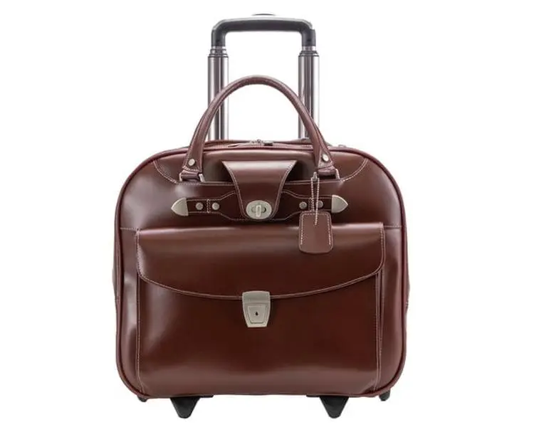 Men's Top Grain Leather Wheeled Business Briefcase - Red, Expandable Multi-Compartment Bag for 15-Inch Laptops with Smart Strap, Quick Access Front Pocket, Top Grain Cowhide, Turn-Lock