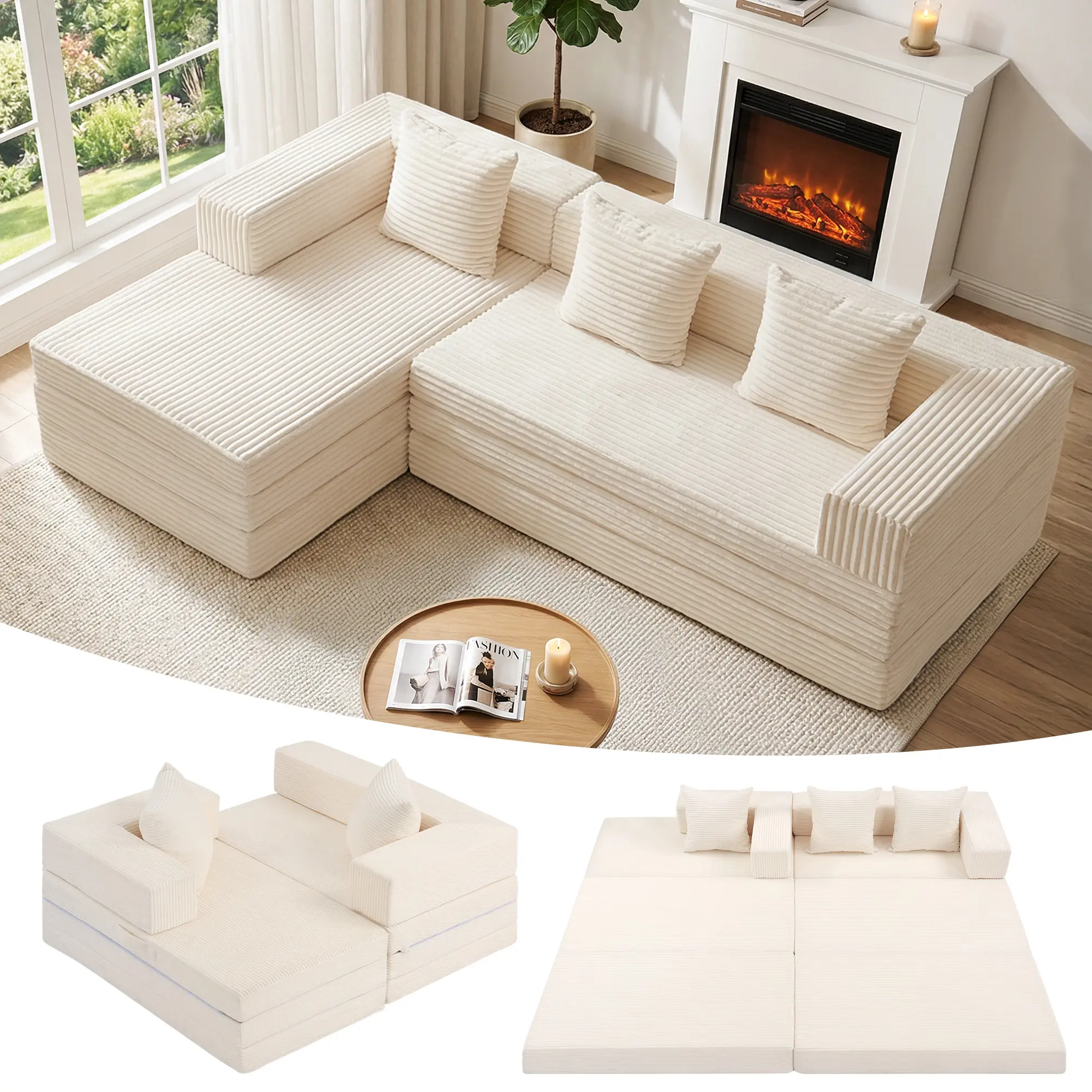 WINZOOM Modular Sectional Sofa - Oversized L-Shape Chaise Corduroy Cloud Couch, Boneless Tri-Folding Convertible Sleeper Sofa Bed with Cushion, Space-Saving for Small Living Rooms, No Assembly Required (Ideal for Family Time, Hosting Guests)