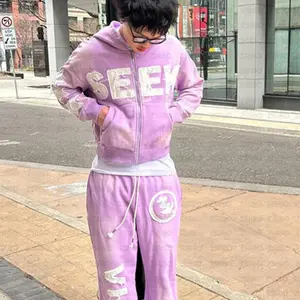 Men’s and women’s autumn–winter vintage high street Y2K casual loose hoodie coat with straight-leg pants, featuring letter sticker embroidery; can be paired with a raincoat