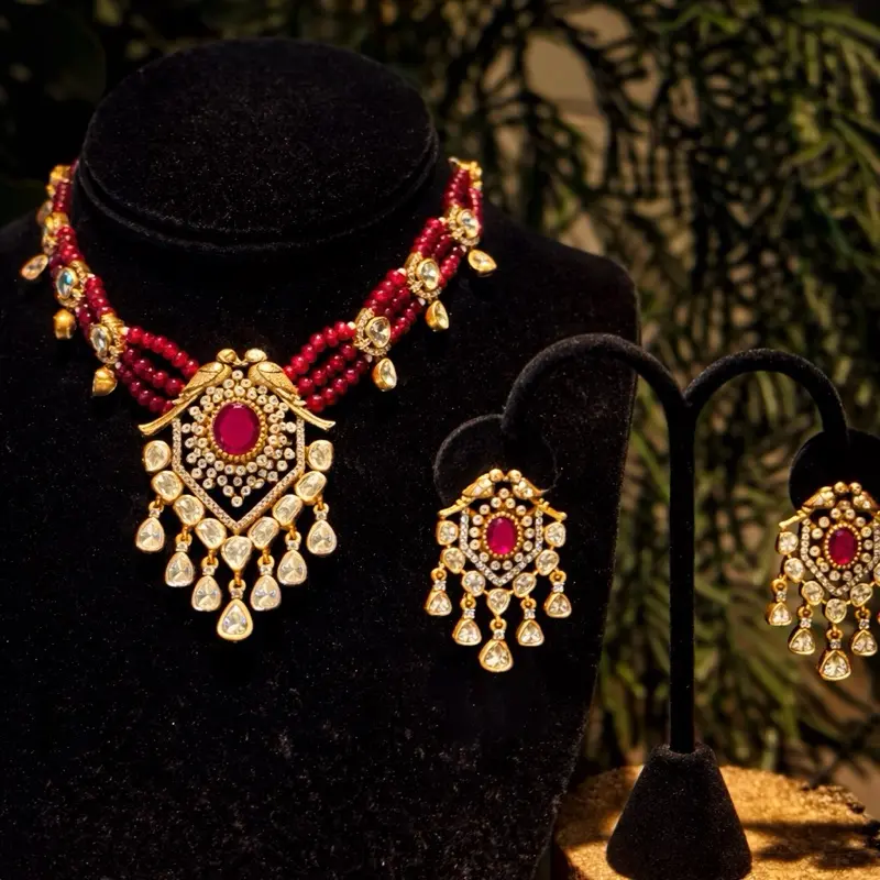 22K Gold Plated 2-Piece Red Statement Necklace Set | Doublet Jewelry | Real Moissanite #005
