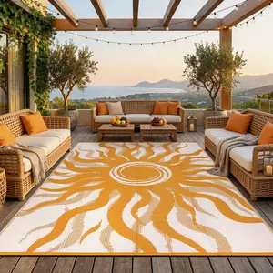 Outdoor Rug  Patio Waterproof, Reversible Plastic Straw Rugs for Camping, Picnic, Balcony, Porch, RV, Easy-Clean & Quick Dry Sun Pattern Large Indoor Outdoor Carpet, Orange