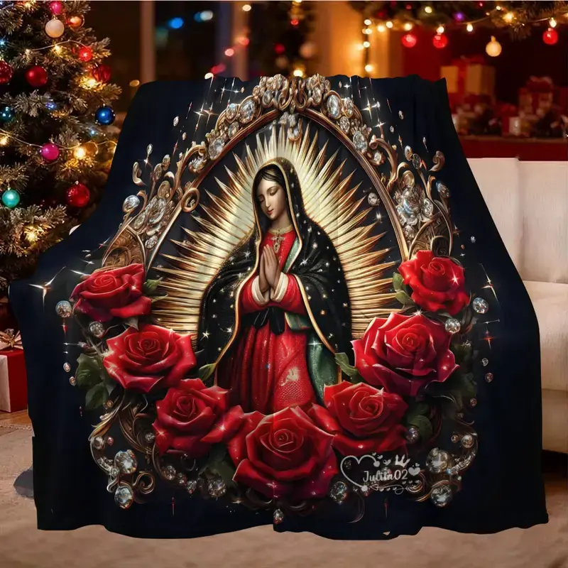 Virgin Mary Pattern Blanket, 1 Count Soft Warm Throw Blanket, Air-conditioned Room Blanket, Warm Nap Blanket for Home Office Travel #GLOBAL PICKS The most beautiful Guadalupe blanket you’ll find, with roses and gold accents
