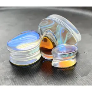 PAIR of Stunning Luminous Moonstone Iridescent Glass Teardrop Double Flare Plugs - Gauges 2g (6.5mm) thru 1"(25mm)