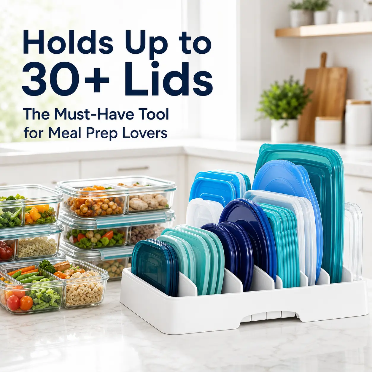 Adjustable food container cover storage rack, kitchen storage rack with 5 baffles, suitable for cutting boards, pot lids and tableware and chopsticks storage boxes