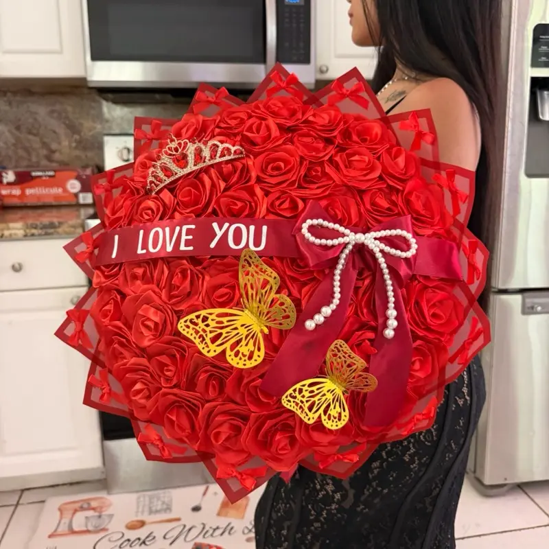 Eternal Coquette 50-Ct Flower Bouquet - Red Handmade Ribbon Roses with Pearl, Crown, Butterfly Decor, Custom Message Floral Gift