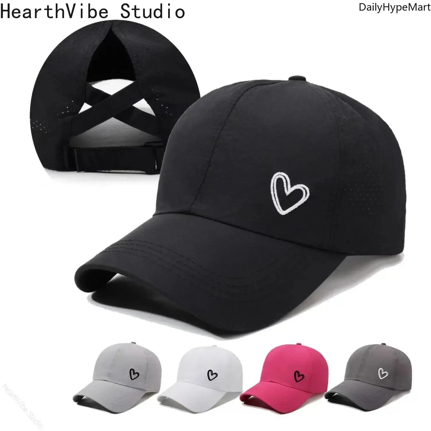 Women's High Ponytail Baseball Cap, Washed Cotton with Heart Motif, Breathable & Adjustable Criss-Cross Back, Casual Trendy Hat, Funky, Hats, Accessories For Women, Christmas, Engagement, Anniversary, Memorial Day, Everyday Wear, Beach, Auspicious, Birthd