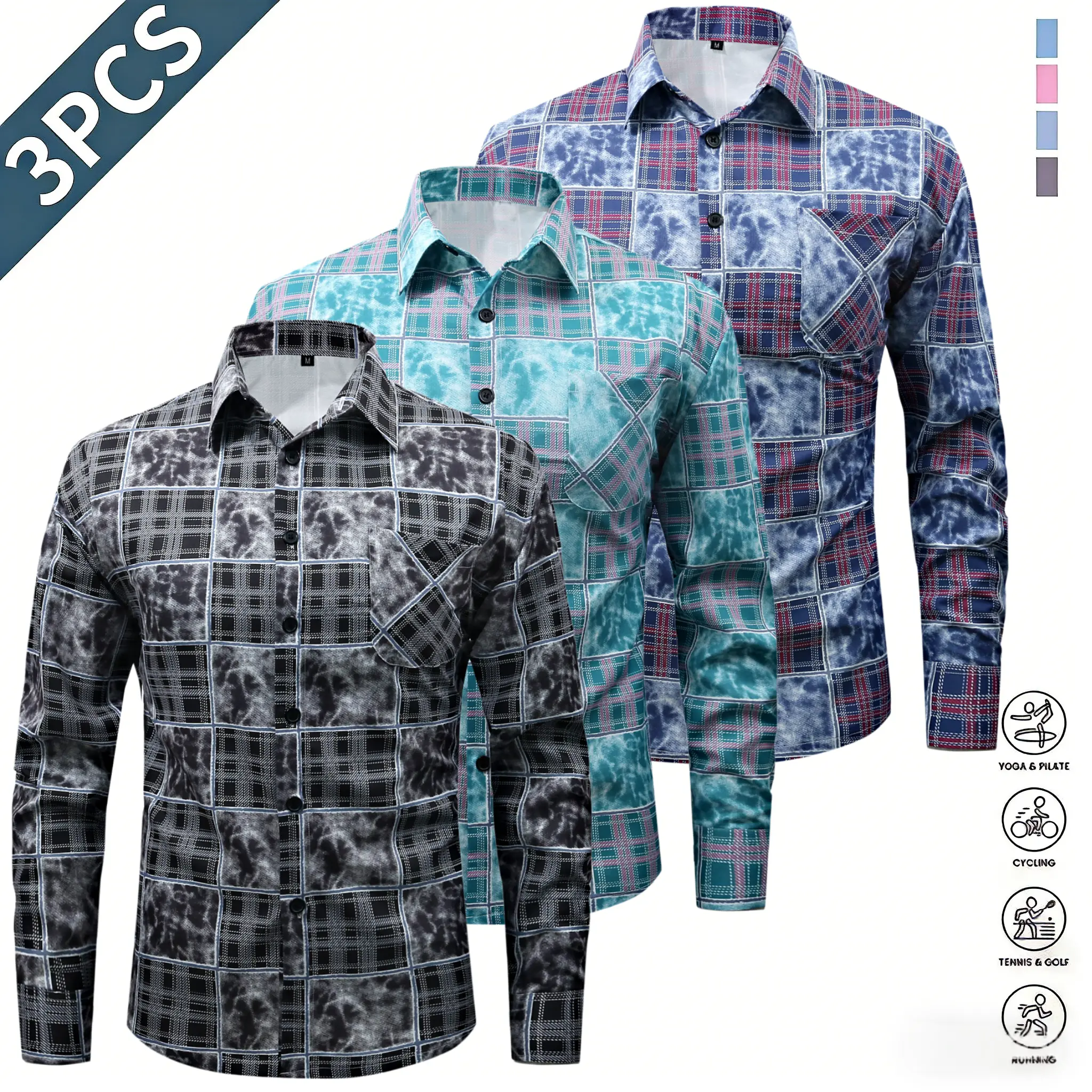 Men's Classic Casual Shirt, Long Sleeve Button-Down with a Tie-Dye Plaid Patchwork and Front Chest Pocket, Menswear, Clothes, Fancy, Trendy Touch