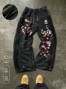 Men's cherry blossom print sweatpants, Japanese kanji pattern, street wear washed black drawstring wide leg pants, goth, street, retro, Y2K, subculture, rapper clothing, holiday gifts, unisex couples clothing, street essentials, fashionable street style