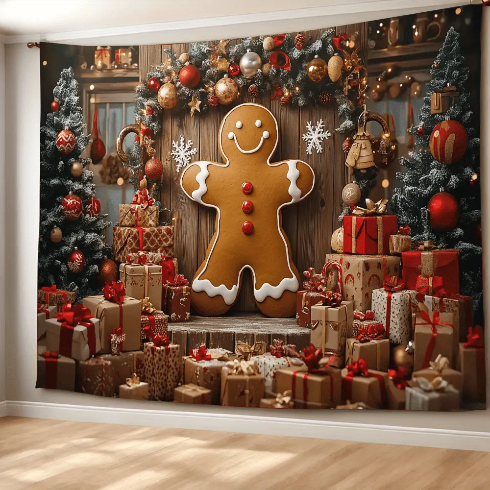 Rustic Festive 3D Gingerbread Man Wall Tapestry, Indoor Polyester Christmas Holiday Backdrop, No Power Needed, Multi-Purpose Home Decor for Room-Entryway Holidays