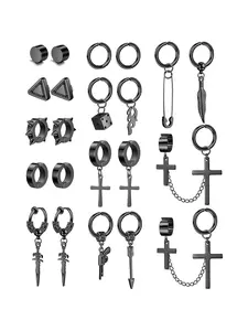 22Pcs Stainless Steel Earrings Set - Cross Chain Pendant, Huggie Hoop, Clip On - Non-Piercing - Black, Hoop Jewelry