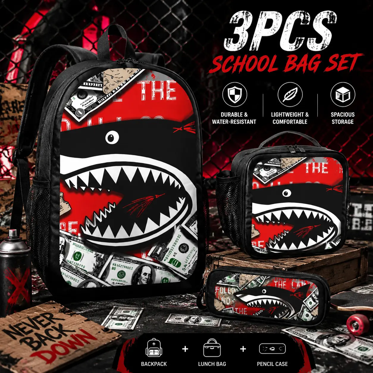 Hip hop Urban Street Style Hip Hop Graffiti Shark Mouth Backpack Set - 3PCS Lightweight School Daypack with Lunch Box & Pencil Case for Teens Kids, Trendy Streetwear Gift