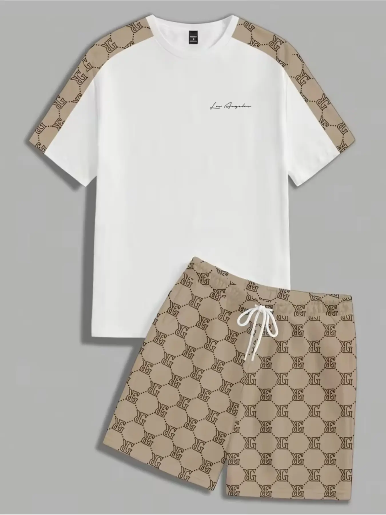 Men's Streetwear Casual Aesthetics Print Tee and Short Pants Set, Menswear, Geometric Pattern, Fitted Drop Waist, Short Sleeve, H-Type Silhouette, Casual Shorts Set