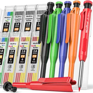 Nicpro 5 Pack Carpenter Pencil with Sharpener & Holders, Mechanical Carpenter Pencils Set with 53 Refills, Deep Hole Marker Woodworking Pencils, Heavy Duty Construction Pencils for Architect-with Case