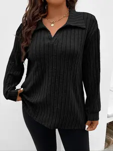 Plus Size Women's Fashion Solid Color Ribbed Knit Collar Long Sleeve Top, Casual Style, Comfortable Fit, Perfect for Daily Wear