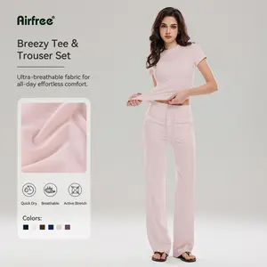 Airfree 2-Piece Workout Set, Shaping Support, Breathable Quick-Dry, Athletic Women’s Crew Neck T-shirts Straight-leg Pants 30'', 32.5'' Inseam Tracksuit Set, Sporty Casual Outfits for Yoga, Gym, Workout, Running, Gym Workout Clothes Athleisure Wear