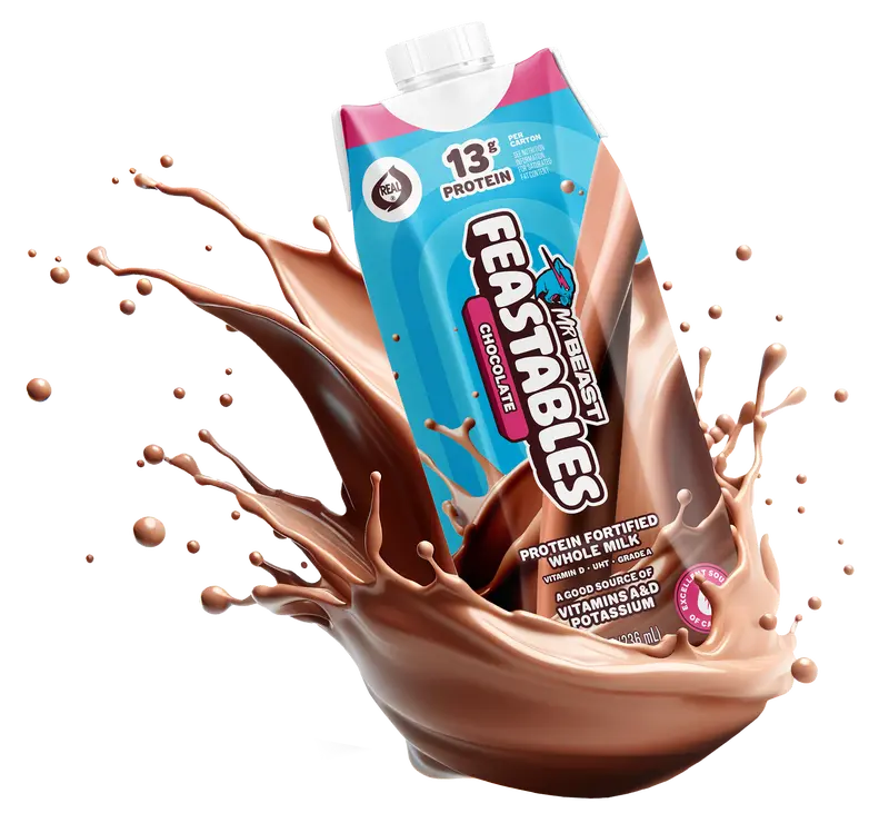 Feastables by MrBeast - Chocolate Milk – Protein-Packed Real, Whole Milk, Made with Protein and Vitamins A&D, 13g Protein, 230 Calories, Fairtrade Certified, Kosher, Ready-to-Drink, Shelf-Stable