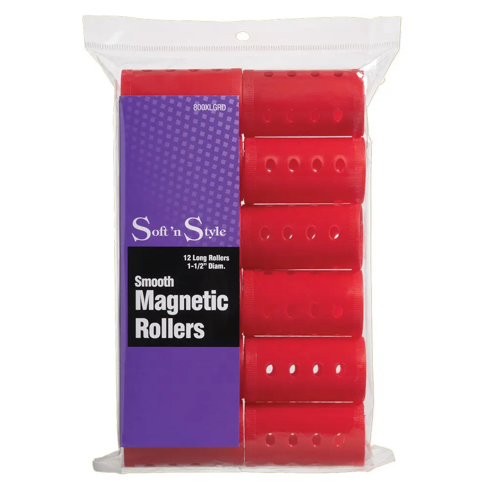 Soft 'N Style Magnetic Hair Rollers for Bouncy Curls & Heatless Waves, 1.5 Inch Vented Hairstyle Tool, Red, 12 Pieces for Adults, Vent, Curly Locks, Fast-Easy To Use, Curl Enhancing, Hair Styling Accessories, Magnetic Tool Holder, Magnetic Roller
